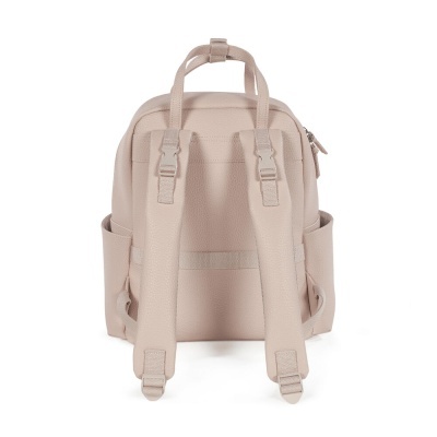 Mochila pequena bege vista de trás com alças ajustáveis e bolsos laterais