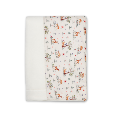 Lençol branco de bebé com padrão de raposas e flores coloridas