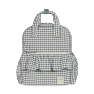 Mochila azul e branca xadrez com bolso frontal franzido e etiqueta Walking Mum