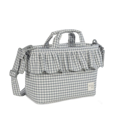 Mala xadrez azul e branco com folho e alças