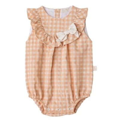 Body para bebé xadrez laranja e branco com folho e laço branco