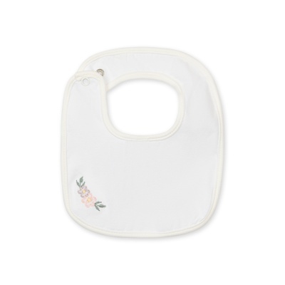 Babete branco com bordado de flores cor-de-rosa e fecho metálico