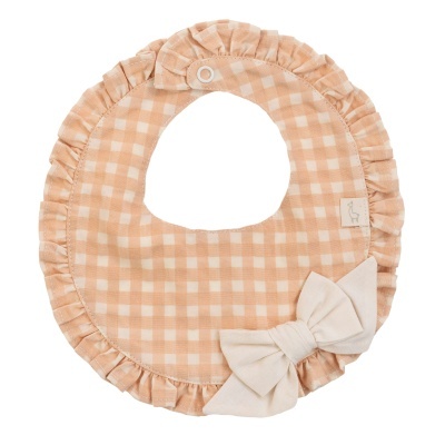 Babete redonda bege com padrão xadrez e laço branco