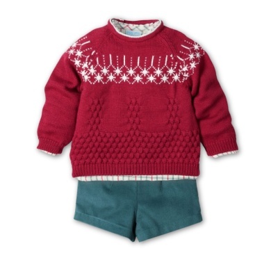 Conjunto infantil camisola vermelha malha com flocos de neve e calções verdes