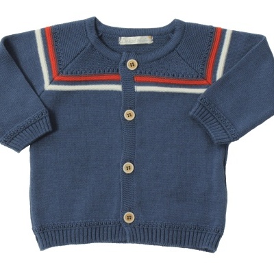 Casaco de malha azul para bebé com botões e detalhes coloridos