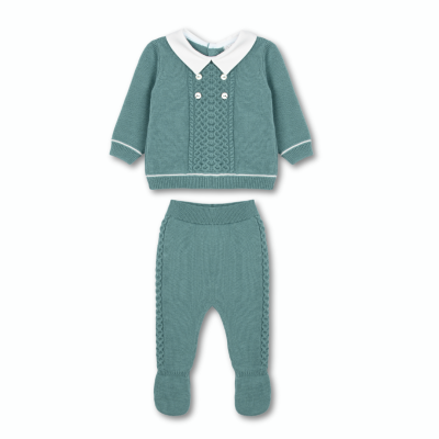 Conjunto de bebé roupa azul esverdeada em malha com camisola e calças com pé