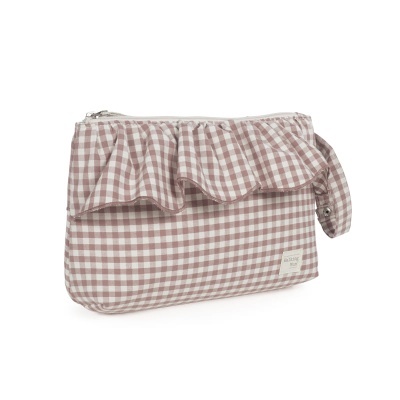 Necessaire rosa e branca com padrão xadrez e folho