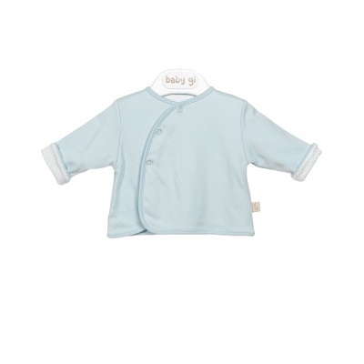 Casaco azul claro para bebé com gola e punhos em algodão branco com padrão