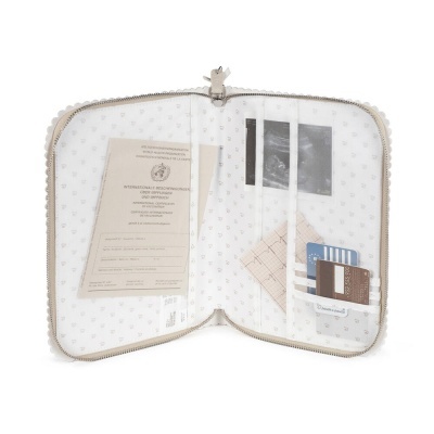 Estojo aberto com documentos e cartões organizados em bolsos transparentes