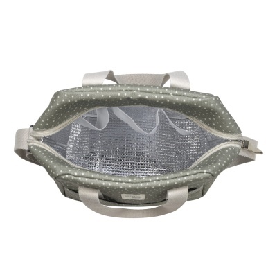 Bolsa térmica cinza com estrelas brancas e interior aluminizado