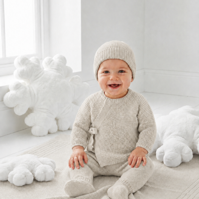 Bebé com roupa de malha bege sentado sobre manta bege com almofadas brancas em forma de flocos de neve
