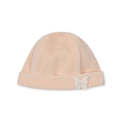 Gorro infantil rosa claro com borboleta bordada no rebordo
