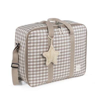 Mala de viagem xadrez beige com pendente de estrela felpuda