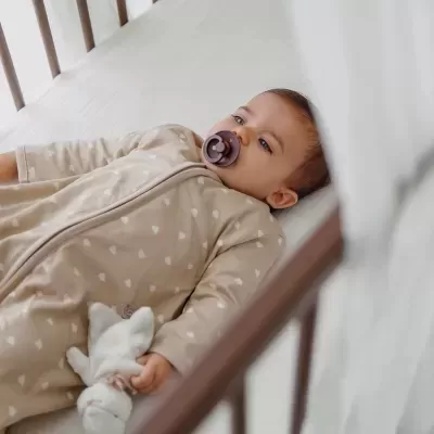 Bebé com fato de dormir bege e chupeta roxa deitado numa cama de grades a segurar peluche branco