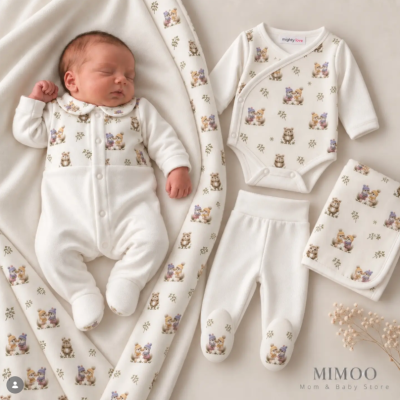 Conjunto de roupa de bebé branca com padrão de ursos em tons pastel