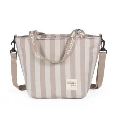 Saco riscas bege e branco com alças e etiqueta Walking Mum