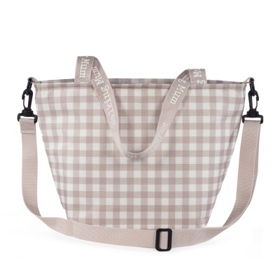 Bolsa xadrez bege e branco com alças em tecido