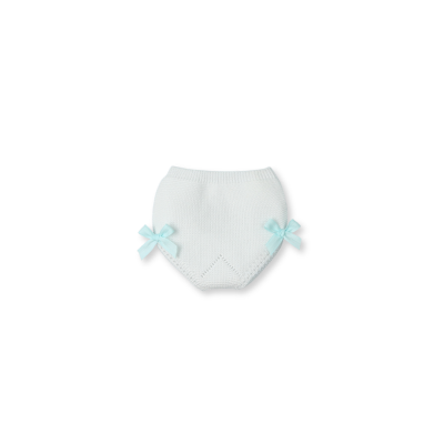 Calças curtas de malha branca para bebé com laços azuis claros