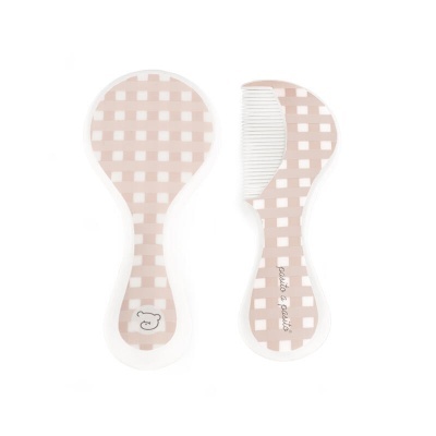 Escovas de cabelo bege e branco com padrão xadrez