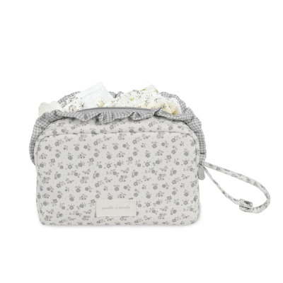 Bolsa de tecido floral cinzento e branco com alça ajustável e detalhe xadrez