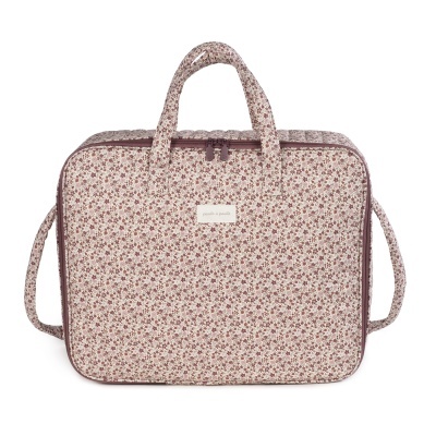 Mala estampada floral rosa e castanha com fecho de correr e alças acolchoadas
