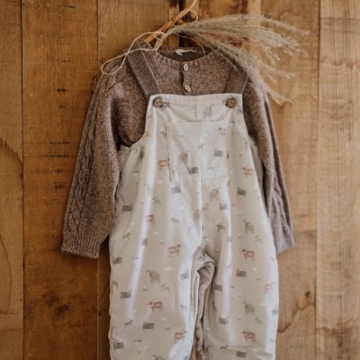 Roupa de bebé com camisola castanha e jardineira bege com padrão de animais