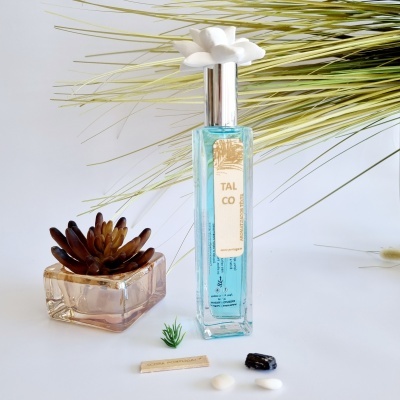 Frasco de perfume azul com tampa prateada e flor branca junto a planta suculenta e objetos sobre fundo branco