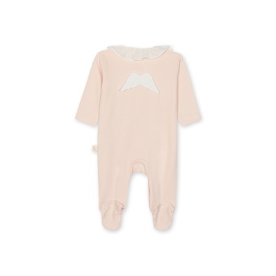 Macacão de bebé rosa claro com gola branca e asas brancas nas costas