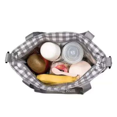 Bolsa térmica xadrez cinza aberta com fruta e recipiente plástico