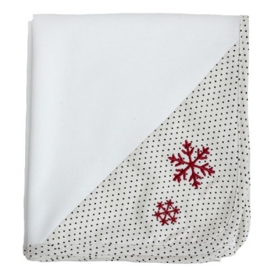 Manta branca com padrão de pontos pretos e flocos de neve vermelhos bordados