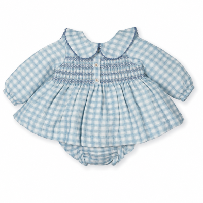 vestido bebé azul claro e branco com gola e bordado azul