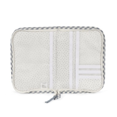 Estojo tecido bolinhas cinzentas borda xadrez azul branco com fecho