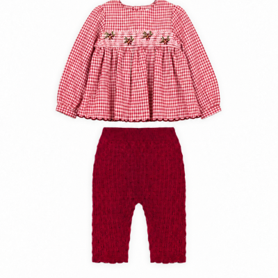Conjunto de roupa para bebé com blusa xadrez vermelha e branca e calças vermelhas de malha