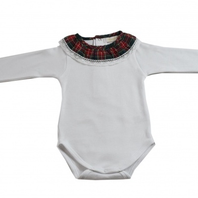 Body de bebé branco com gola tartan e renda