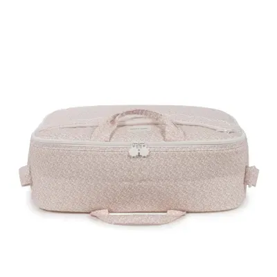 Mala de viagem rosa claro com padrão floral e fecho de correr