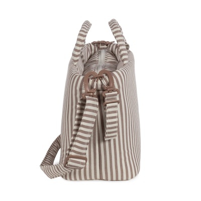 Mala de tecido bege e branco às riscas com alças e fecho de correr