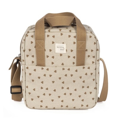 Mala bege com corações castanhos e alças castanhas