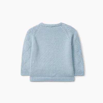 Camisola azul clara de malha para criança vista de trás