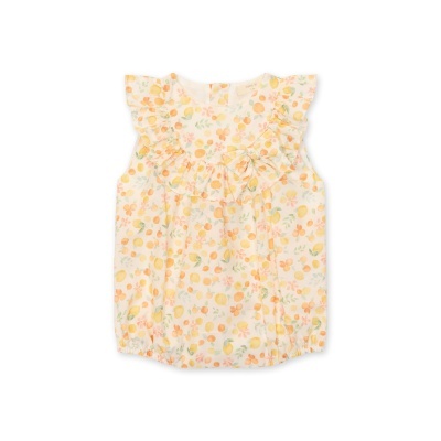 Blusa bebé com padrão de frutas e folhos amarelos e laranja