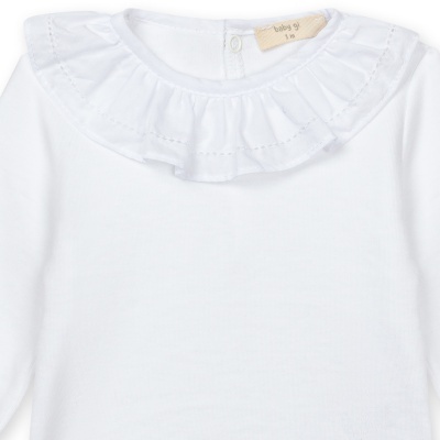 Camisola branca para bebé com gola frisada e etiqueta baby gi 1m
