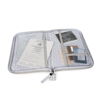 Organizador de documentos cinzento claro com documentos oficiais e fotografias