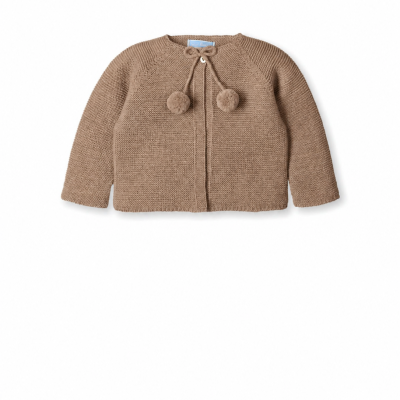 Cardigan castanho claro de malha para criança com pompons em cordões