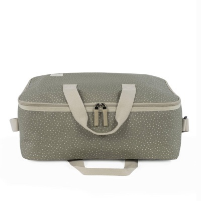 Mala cinza esverdeada com pontos brancos e fecho com dois puxadores