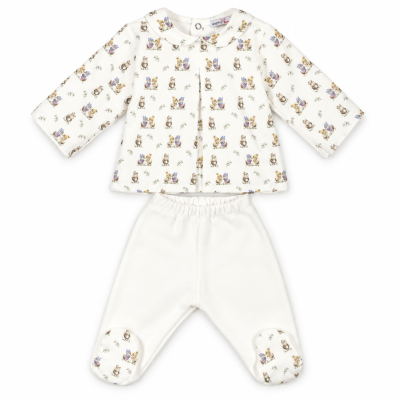 Conjunto de roupa para bebé com camisola estampada de ursos e calças brancas com pés