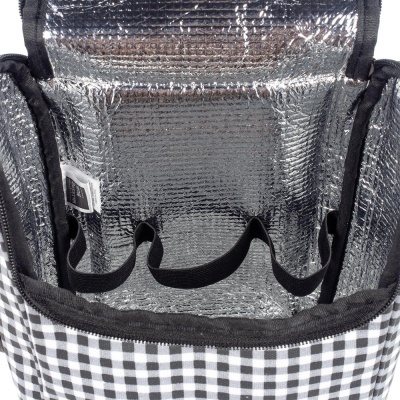 Interior de bolsa térmica xadrez com revestimento metalizado e elásticos pretos