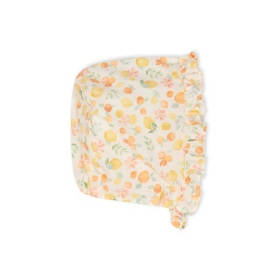 Proteção para carrinho de bebé com padrão colorido de frutas e flores em tecido branco