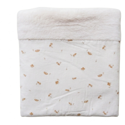 Cobertor branco para bebé com padrão bege e borda felpuda