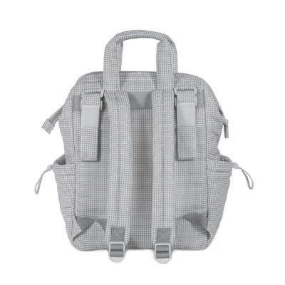 Mochila cinzenta com padrão xadrez pequeno vista traseira