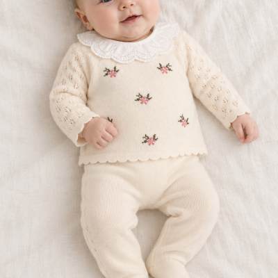 Bebé deitado com roupa de malha creme com bordados florais e gola de renda