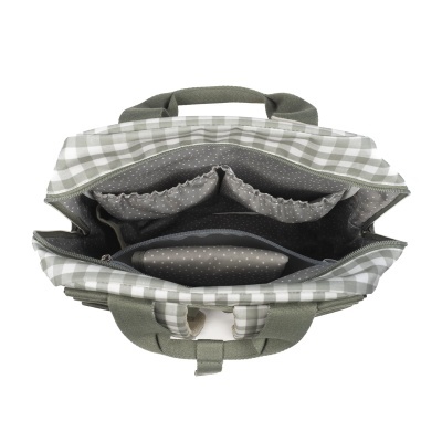 Bolsa de tecido xadrez cinzento e branco com interior em padrão de pontos brancos